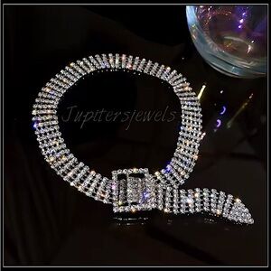 NEW SPARKLING SILVER BELT BUCKLE CHAIN CRYSTAL CHOKER NECKLACE